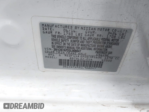 2016 Nissan Versa S Plus with VIN 3N1CN7AP2GL908047, listed as a IAAI auction lot 42065298 with 190,409 mi miles and . Bid and sale history available at DreamBid. Image 9.