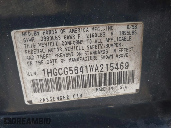 1998 Honda Accord LX z VIN 1HGCG5641WA215469, wystawiony jako IAAI lot #41801430 z przebiegiem 228 903 mil mil oraz . Historia ofert i sprzedaży dostępna na DreamBid. Obrazek 9.