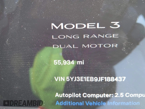 2018 Tesla Model 3 Long Range Battery with VIN 5YJ3E1EB9JF188437, listed as a IAAI auction lot 41371254 with 55,934 mi miles and . Bid and sale history available at DreamBid. Image 15.