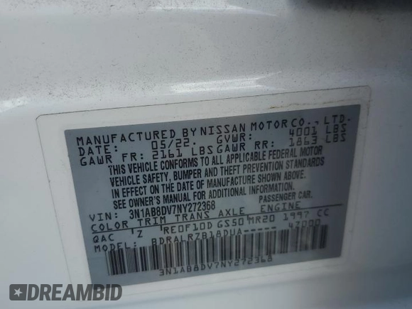 2022 Nissan Sentra SR with VIN 3N1AB8DV7NY272368, listed as a Copart auction lot 52695165 with 27,830 mi miles and Non Repairable. Bid and sale history available at carsss.com. Image 12.