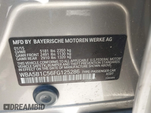 2015 BMW 5 Series 535i with VIN WBA5B1C56FG125286, listed as a IAAI auction lot 41747088 with 136,970 mi miles and . Bid and sale history available at carsss.com. Image 9.
