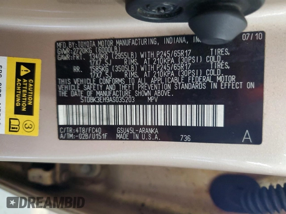2010 Toyota Highlander with VIN 5TDBK3EH9AS035203, listed as a Copart auction lot 66279175 with 228,349 mi miles and Clean title. Bid and sale history available at DreamBid. Image 13.