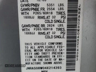 2004 Infiniti FX with VIN JNRAS08W04X214393, listed as a Copart auction lot 43375155 with Not Provided miles and Clean Title. Bid and sale history available at DreamBid. Image 14.