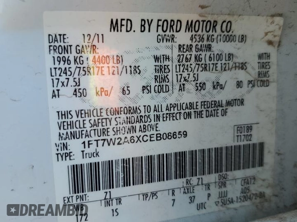 2012 Ford F-250 XL with VIN 1FT7W2A6XCEB08659, listed as a Copart auction lot 63111325 with 323,038 mi miles and Clean title. Bid and sale history available at DreamBid. Image 12.