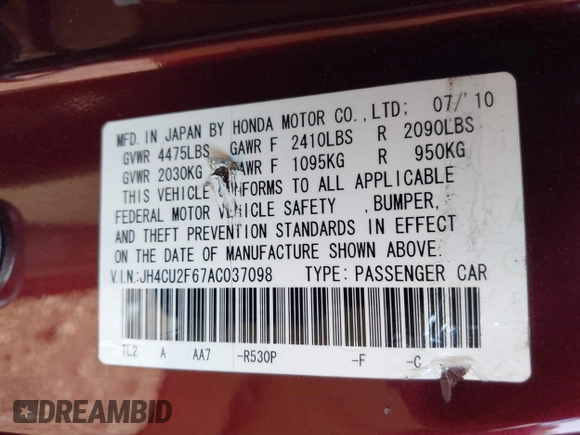 2010 Acura TSX z VIN JH4CU2F67AC037098, wystawiony jako IAAI lot #42197119 z przebiegiem 133 485 mil mil oraz . Historia ofert i sprzedaży dostępna na DreamBid. Obrazek 9.