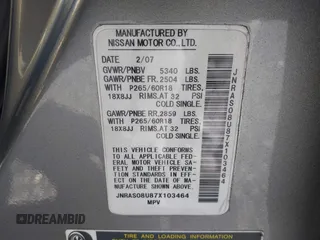 2007 Infiniti FX with VIN JNRAS08U87X103464, listed as a IAAI auction lot 41644171 with Not Provided miles. Bid and sale history available at carsss.com. Image 9.