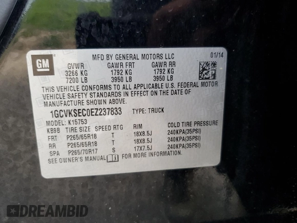 2014 Chevrolet Silverado 1500 LTZ with VIN 1GCVKSEC0EZ237833, listed as a Copart auction lot 55174575 with 146,337 mi miles and Clean Title. Bid and sale history available at DreamBid. Image 12.