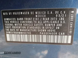 2021 Volkswagen Jetta S z VIN 3VWC57BU0MM054745, wystawiony jako IAAI lot #39772920 z przebiegiem 31 453 mil mil oraz . Historia ofert i sprzedaży dostępna na DreamBid. Obrazek 9.