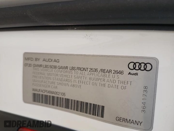 2021 Audi A5 Sportback S line Premium Plus with VIN WAUFACF5XMA002105, listed as a Copart auction lot 48033972 with 12,744 mi miles. Bid and sale history available at carsss.com. Image 10.