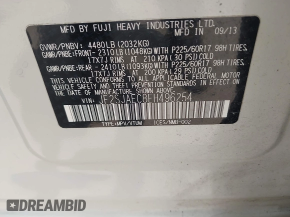 2014 Subaru Forester Premium with VIN JF2SJAEC8EH496254, listed as a IAAI auction lot 42754839 with 125,014 mi miles and . Bid and sale history available at DreamBid. Image 9.