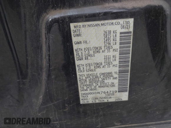 2015 Nissan Frontier SL with VIN 1N6AD0EV1FN764719, listed as a IAAI auction lot 42512771 with 104,572 mi miles and . Bid and sale history available at DreamBid. Image 9.
