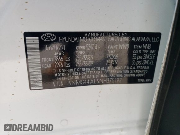 2022 Hyundai Santa Fe Limited with VIN 5NMS44AL5NH375192, listed as a Copart auction lot 47259555 with 61,009 mi miles and Non Repairable. Bid and sale history available at carsss.com. Image 16.