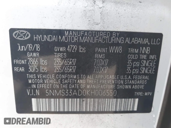 2019 Hyundai Santa Fe SEL with VIN 5NMS33AD0KH006550, listed as a IAAI auction lot 41894306 with 80,920 mi miles and . Bid and sale history available at DreamBid. Image 9.
