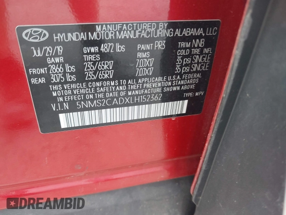 2020 Hyundai Santa Fe SE with VIN 5NMS2CADXLH152362, listed as a IAAI auction lot 42458008 with 148,678 mi miles and . Bid and sale history available at DreamBid. Image 9.
