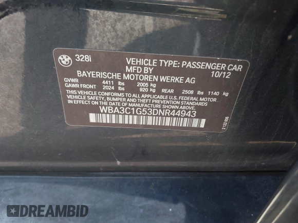 2013 BMW 3 Series 328i with VIN WBA3C1G53DNR44943, listed as a IAAI auction lot 41769496 with 131,700 mi miles and . Bid and sale history available at carsss.com. Image 9.