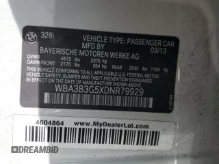 2013 BMW 3 Series 328i xDrive with VIN WBA3B3G5XDNR79929, listed as a Copart auction lot 53758945 with 58,591 mi miles and Salvage Title. Bid and sale history available at carsss.com. Image 12.