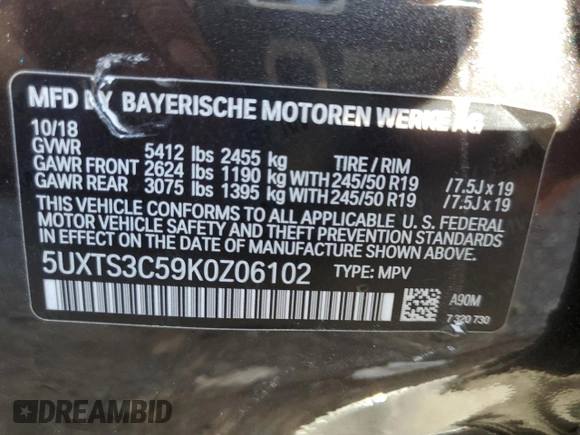 2019 BMW X3 M40i with VIN 5UXTS3C59K0Z06102, listed as a Copart auction lot 74219704 with Not Provided miles and Salvage Title. Bid and sale history available at DreamBid. Image 14.