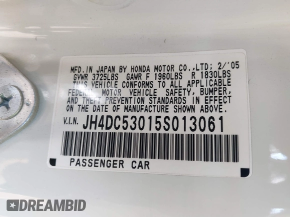 2005 Acura RSX Type S z VIN JH4DC53015S013061, wystawiony jako IAAI lot #41860265 z przebiegiem 176 845 mil mil oraz . Historia ofert i sprzedaży dostępna na DreamBid. Obrazek 9.
