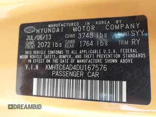 2013 Hyundai Veloster w/Black Int with VIN KMHTC6AD4DU167576, listed as a IAAI auction lot 41491479 with 90,033 mi miles and . Bid and sale history available at DreamBid. Image 9.