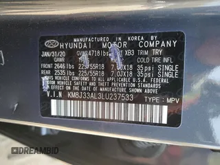 2020 Hyundai Tucson Sport with VIN KM8J33AL3LU237533, listed as a Copart auction lot 50184365 with 81,604 mi miles and Salvage title. Bid and sale history available at DreamBid. Image 13.