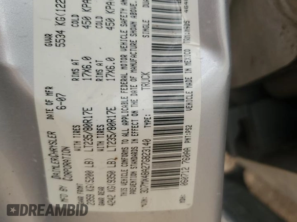 2007 Dodge 3500 SLT with VIN 3D7MX48A27G823140, listed as a Copart auction lot 69663464 with Not provided miles and Non repairable. Bid and sale history available at DreamBid. Image 13.