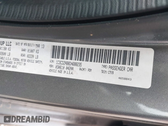 2013 Dodge Avenger with VIN 1C3CDZAB8DN688235, listed as a IAAI auction lot 41713541 with 59,155 mi miles and . Bid and sale history available at DreamBid. Image 9.