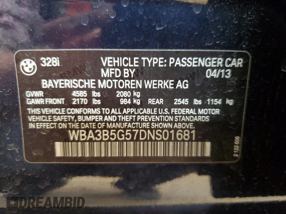 2013 BMW 3 Series 328i xDrive with VIN WBA3B5G57DNS01681, listed as a Copart auction lot 47116375 with 122,291 mi miles and Salvage Title. Bid and sale history available at carsss.com. Image 12.
