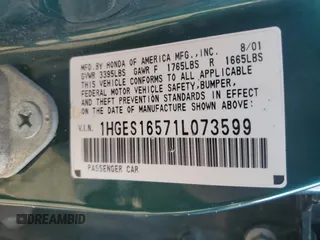 2001 Honda Civic LX with VIN 1HGES16571L073599, listed as a Copart auction lot 73134604 with 190,735 mi miles and Non Repairable. Bid and sale history available at carsss.com. Image 12.