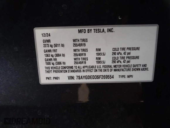 2025 Tesla Model Y Long Range z VIN 7SAYGDED3SF269554, wystawiony jako IAAI lot #41363465 z przebiegiem 883 mil mil oraz . Historia ofert i sprzedaży dostępna na DreamBid. Obrazek 9.