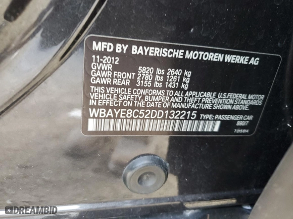 2013 BMW 7 Series 750Li with VIN WBAYE8C52DD132215, listed as a Copart auction lot 41637575 with 122,820 mi miles and Clean Title. Bid and sale history available at carsss.com. Image 12.