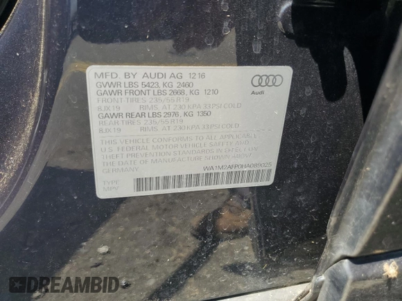 2017 Audi Q5 Premium Plus with VIN WA1M2AFP0HA089025, listed as a Copart auction lot 62468615 with 72,906 mi miles and Salvage title. Bid and sale history available at DreamBid. Image 13.