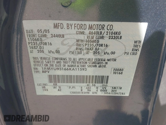 2006 Ford Escape XLT with VIN 1FMYU93166KA11593, listed as a IAAI auction lot 42547931 with 176,273 mi miles and . Bid and sale history available at DreamBid. Image 9.