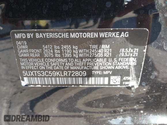 2019 BMW X3 M40i with VIN 5UXTS3C59KLR72809, listed as a IAAI auction lot 41893066 with 39,654 mi miles and . Bid and sale history available at DreamBid. Image 9.