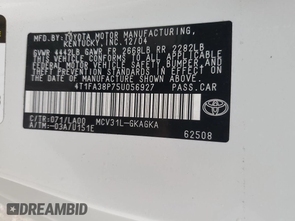 2005 Toyota Solara SE with VIN 4T1FA38P75U056927, listed as a Copart auction lot 74937394 with 75,454 mi miles and Non Repairable. Bid and sale history available at DreamBid. Image 13.