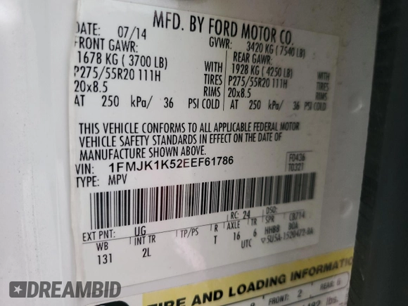 2014 Ford Expedition Max Limited z VIN 1FMJK1K52EEF61786, wystawiony jako Copart lot #89087505 z przebiegiem Nie podano mil oraz Szkoda całkowita • Salvage title. Historia ofert i sprzedaży dostępna na DreamBid. Obrazek 13.