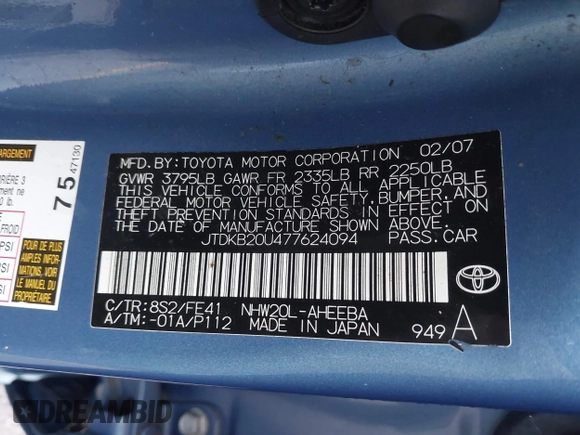 2007 Toyota Prius with VIN JTDKB20U477624094, listed as a IAAI auction lot 42493204 with 201,554 mi miles and . Bid and sale history available at DreamBid. Image 9.