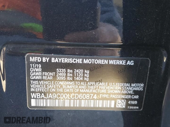 2020 BMW 5 Series 530e with VIN WBAJA9C00LCD60874, listed as a Copart auction lot 87960825 with 91,036 mi miles and Salvage Title. Bid and sale history available at DreamBid. Image 12.