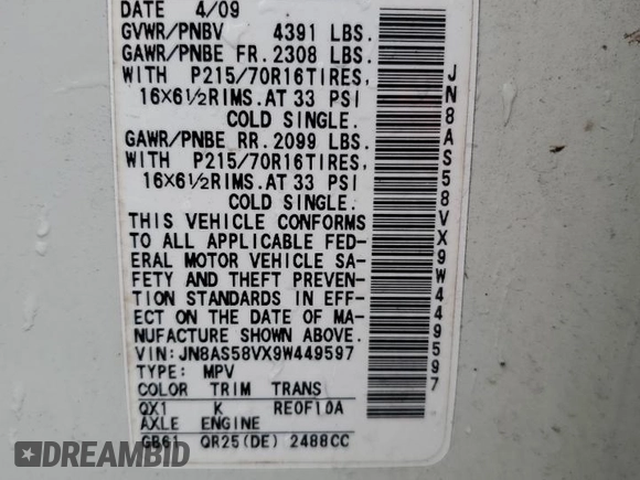 2009 Nissan Rogue SL with VIN JN8AS58VX9W449597, listed as a Copart auction lot 46809065 with 152,781 mi miles and Salvage Title. Bid and sale history available at carsss.com. Image 13.