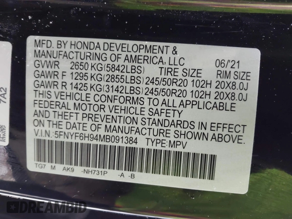 2021 Honda Pilot Touring 8-Passenger z VIN 5FNYF6H94MB091384, wystawiony jako IAAI lot #41567070 z przebiegiem 78 330 mil mil oraz . Historia ofert i sprzedaży dostępna na DreamBid. Obrazek 9.