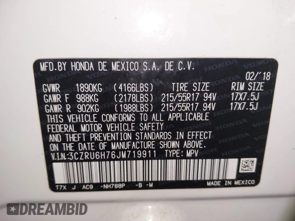 2018 Honda HR-V EX-L Navi with VIN 3CZRU6H76JM719911, listed as a IAAI auction lot 41631402 with 26,776 mi miles. Bid and sale history available at carsss.com. Image 9.