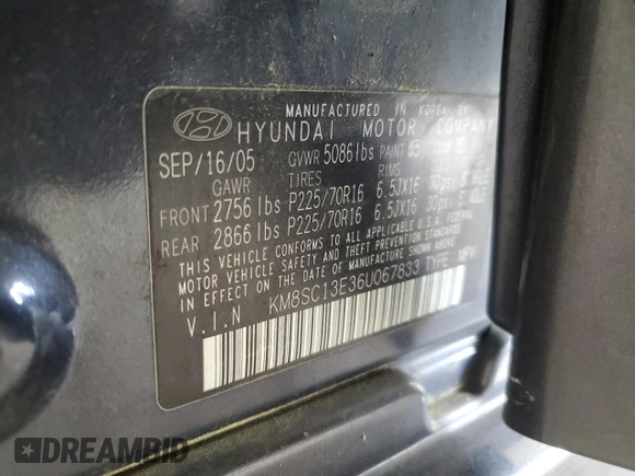 2006 Hyundai Santa Fe GLS z VIN KM8SC13E36U067833, wystawiony jako Copart lot #58409105 z przebiegiem 171 550 mil mil oraz Szkoda całkowita • Salvage title. Historia ofert i sprzedaży dostępna na DreamBid. Obrazek 13.