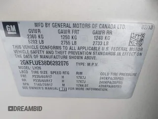 2013 GMC Terrain SLT with VIN 2GKFLUE38D6282076, listed as a IAAI auction lot 41563809 with 104,952 mi miles and . Bid and sale history available at carsss.com. Image 9.