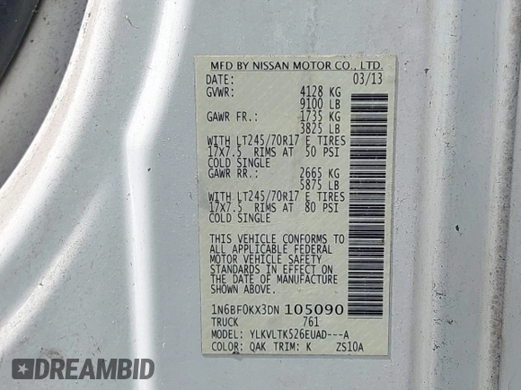2013 Nissan NV SV z VIN 1N6BF0KX3DN105090, wystawiony jako IAAI lot #42760186 z przebiegiem 245 366 mil mil oraz . Historia ofert i sprzedaży dostępna na DreamBid. Obrazek 9.