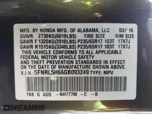 2016 Honda Odyssey EX-L with VIN 5FNRL5H66GB093249, listed as a IAAI auction lot 42044800 with 133,923 mi miles. Bid and sale history available at carsss.com. Image 9.