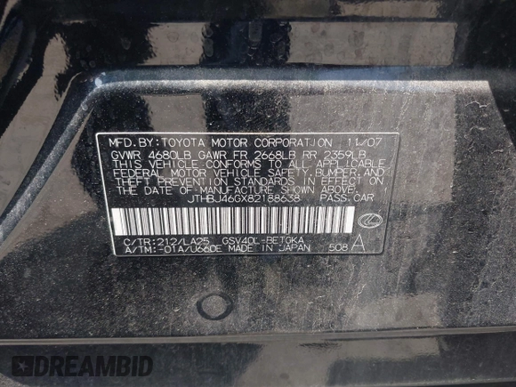 2008 Lexus ES 330 с VIN JTHBJ46GX82188638, выставлен на аукционе IAAI как лот 42487835 с пробегом 224 697 миль миль и . История ставок и продаж доступна на DreamBid. Изображение 9.