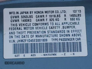 2014 Honda CR-Z with VIN JHMZF1D45ES001809, listed as a Copart auction lot 44928165 with 206,044 mi miles and Salvage Title. Bid and sale history available at DreamBid. Image 14.