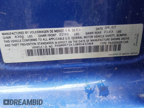 2008 Volkswagen Jetta SE с VIN 3VWRM71K18M043384, выставлен на аукционе IAAI как лот 41915731 с пробегом 137 718 миль миль и . История ставок и продаж доступна на DreamBid. Изображение 9.