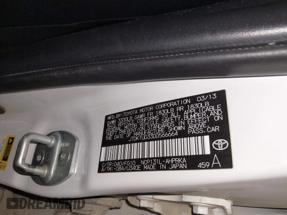 2013 Toyota Yaris L with VIN JTDKTUD33DD566664, listed as a IAAI auction lot 41524571 with 148,050 mi miles and . Bid and sale history available at DreamBid. Image 9.