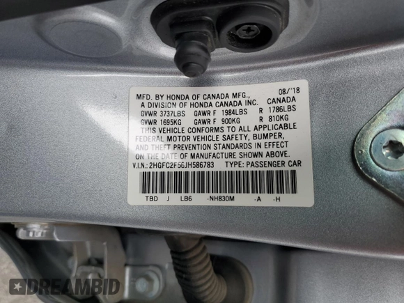 2018 Honda Civic LX with VIN 2HGFC2F56JH586783, listed as a Copart auction lot 48213265 with 103,574 mi miles and Salvage Title. Bid and sale history available at DreamBid. Image 12.