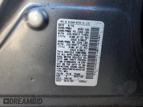 2020 Nissan Rogue SV with VIN JN8AT2MT4LW004148, listed as a Copart auction lot 43545745 with 116,373 mi miles and Salvage Title. Bid and sale history available at carsss.com. Image 14.